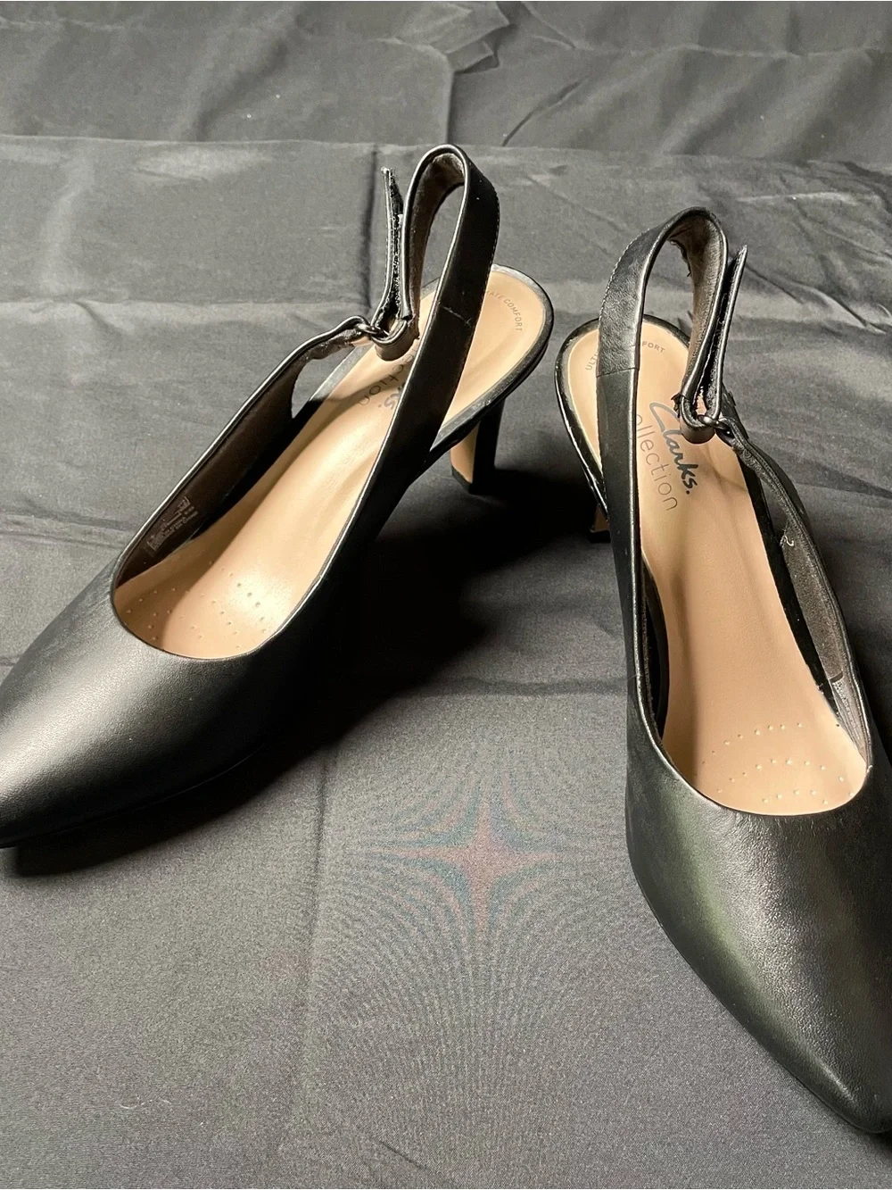 Clarks Black Pointed-Toe Slingback Kitten Heels